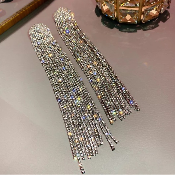 LONG TASSEL SILVER DIAMOND DANGLE EARRINGS - Picture 4 of 6